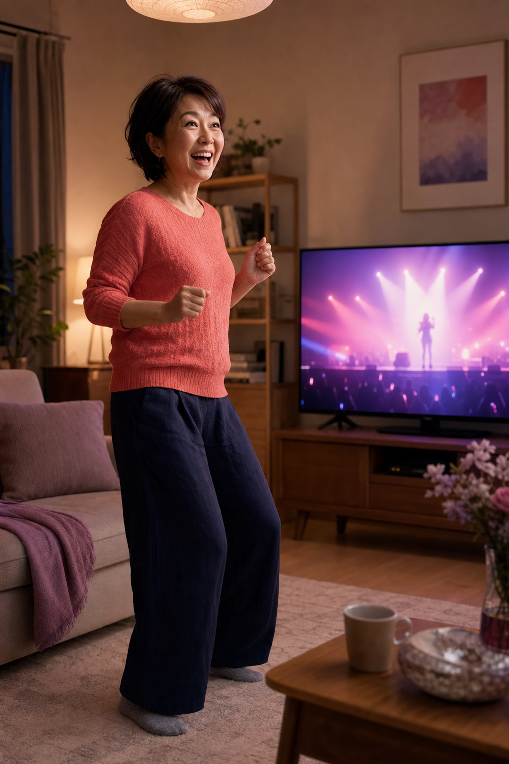 自宅のテレビに推しが登場し、曲が流れた瞬間に表情を輝かせて踊り始める50代女性