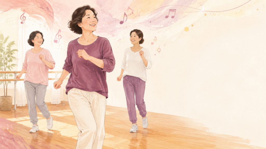 推しの曲に心を弾ませながら、仲間とダンスを楽しむ50代女性たちのイラスト。年齢にとらわれず、新しい趣味に挑戦する喜びを表現しています。