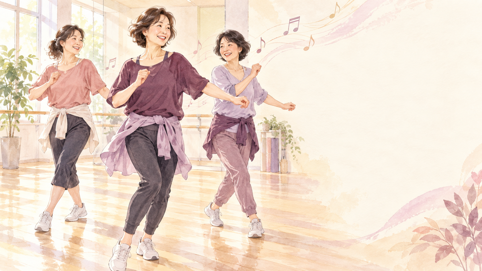 推しの音楽を楽しみながら、明るいスタジオでダンスに挑戦する50代女性たち。初心者でも仲間と一緒に、笑顔でレッスンを始められる様子を表現しています。