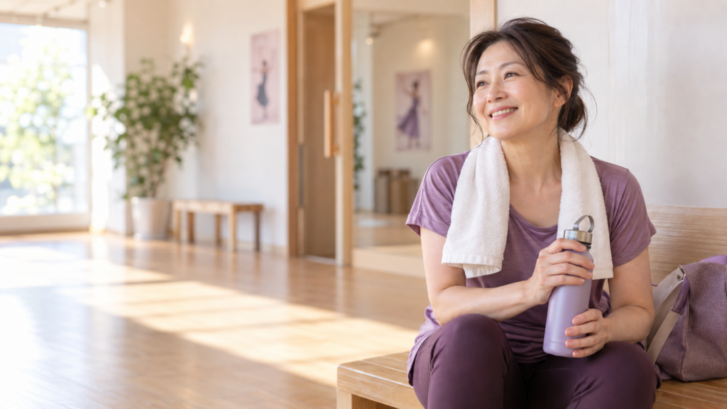 基本からゆっくり学ぶダンスレッスンで、小さな上達を喜ぶ50代女性。運動が苦手な初心者でも、自分のペースで推し曲ダンスを楽しめる様子を表現しています。