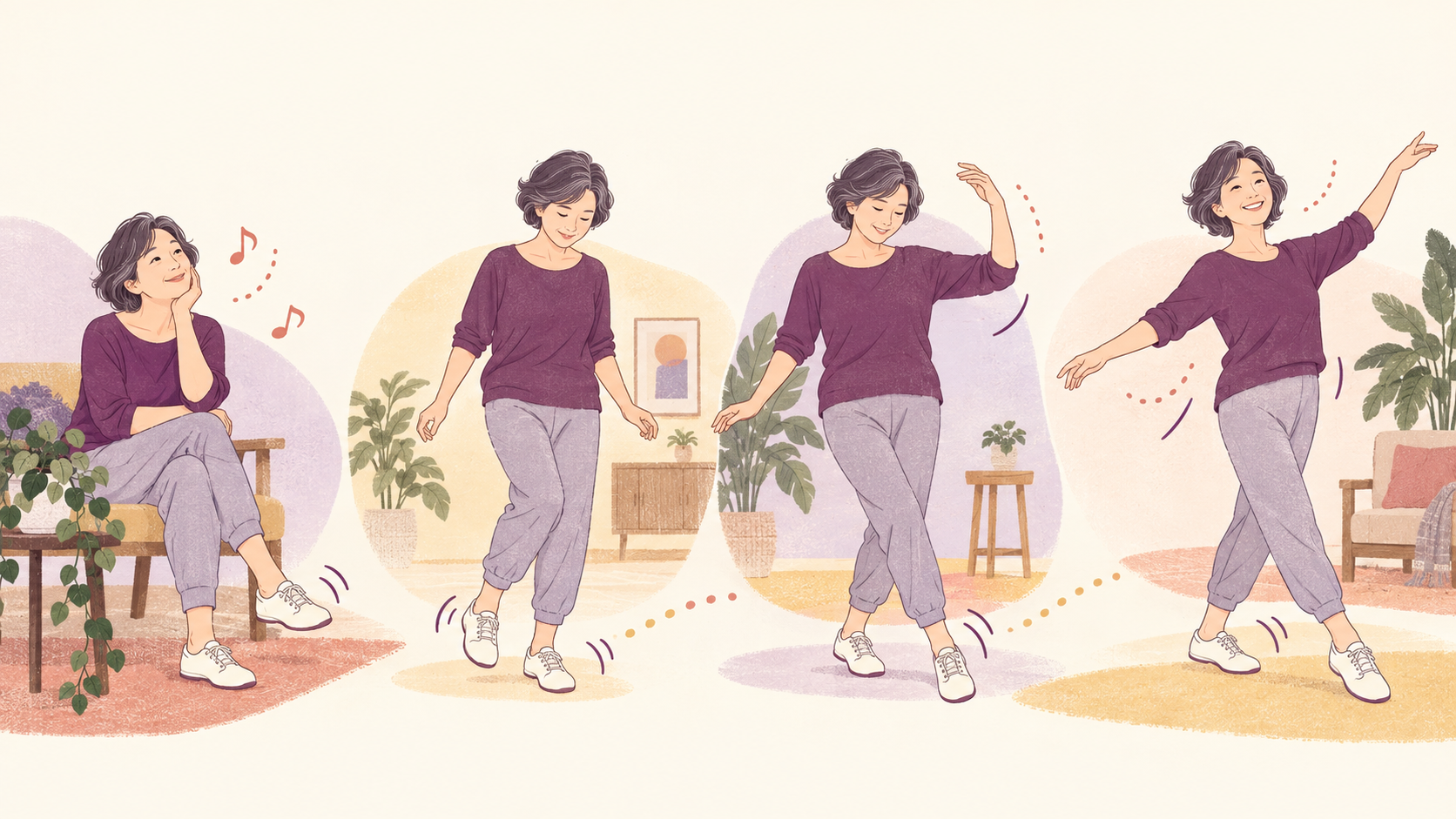 推しの曲を聴き、足の動きから手の動きへと順番に練習する50代女性。ダンス初心者が振付を小さく分けて覚える方法を表現しています。
