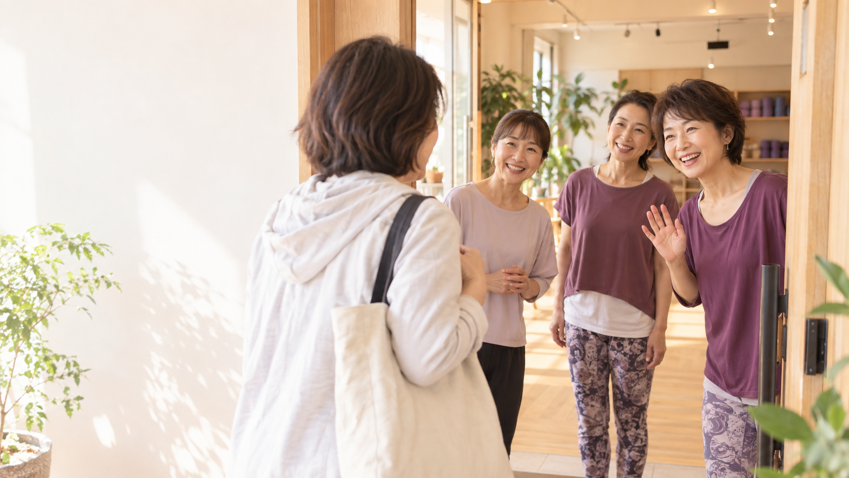 一人でダンス教室を訪れた50代女性を、同世代の参加者が笑顔で迎える様子。初心者女性が安心してレッスンに参加できる雰囲気を表現しています。
