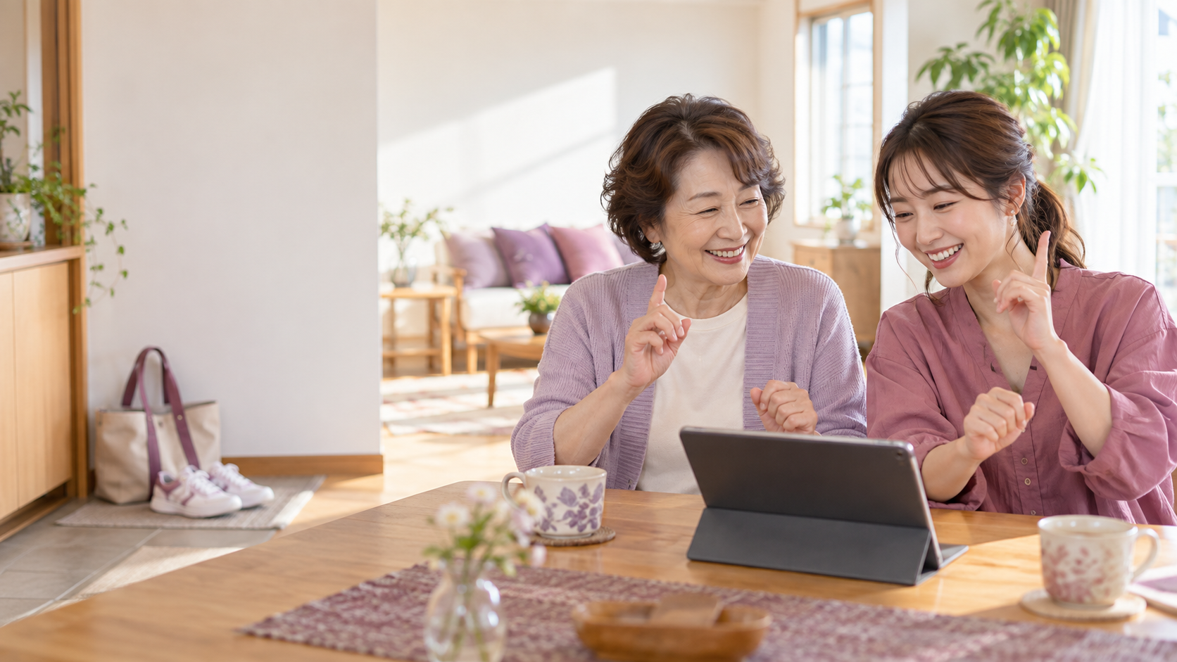 子どもの影響で好きになった推しの曲を一緒に楽しむ60代女性。大阪で初心者からダンスを始めるきっかけを表現しています。