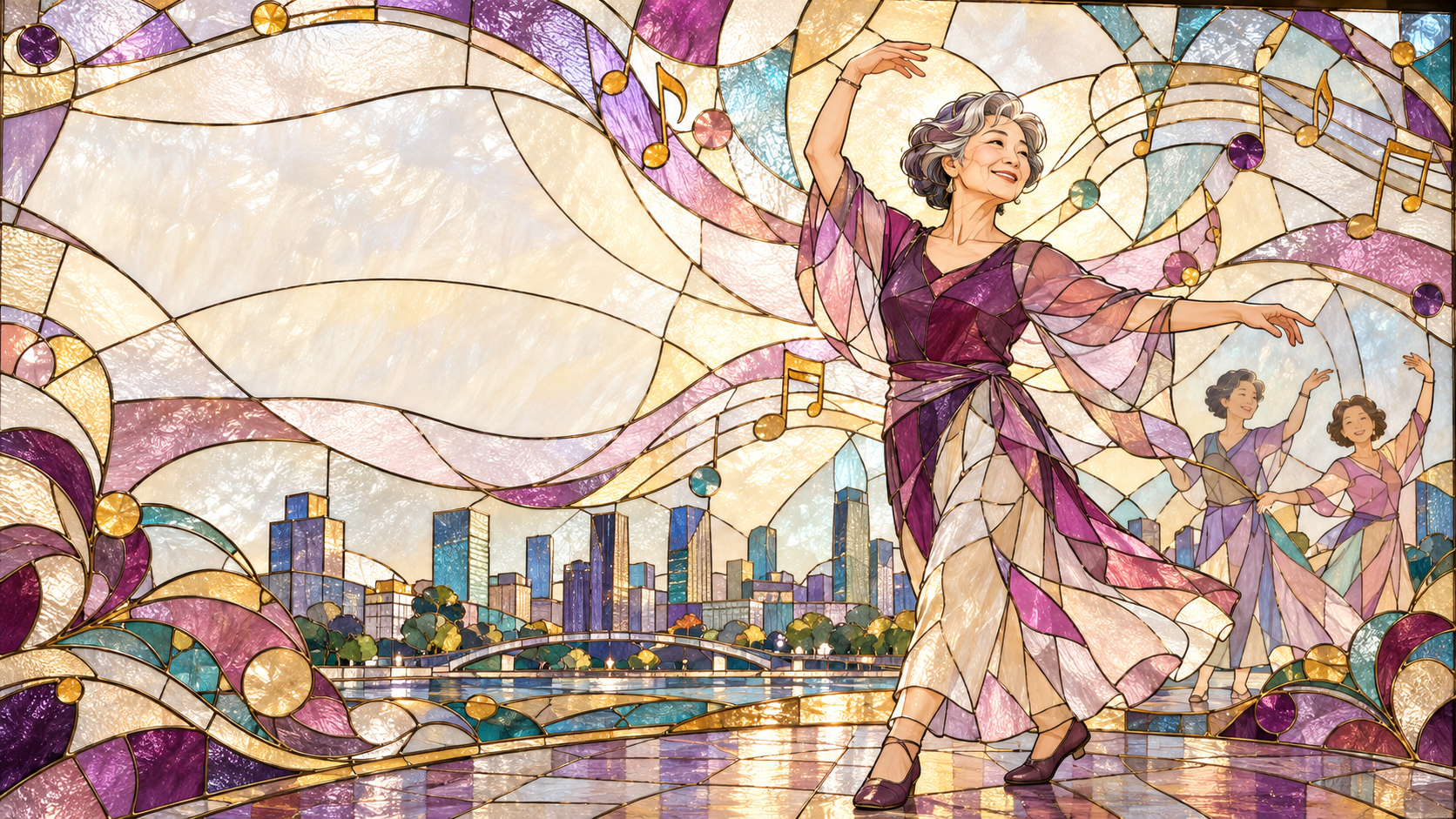 大阪で推し曲ダンスを楽しむ60代初心者女性を描いたステンドグラス風アート。年齢にとらわれず、新しい一歩を踏み出す姿を表現しています。