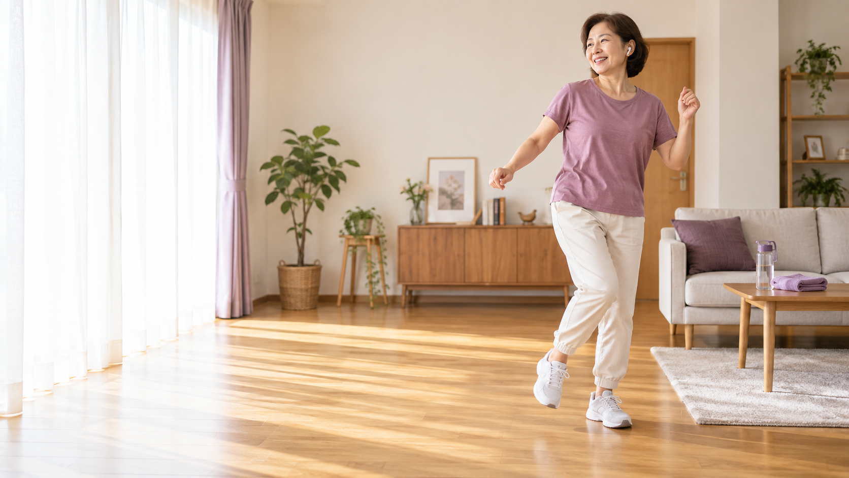 自宅で推しの曲を聴きながら、簡単なステップからダンスを始める50代女性。ダンス初心者が無理なく最初の一歩を踏み出す様子を表現しています。