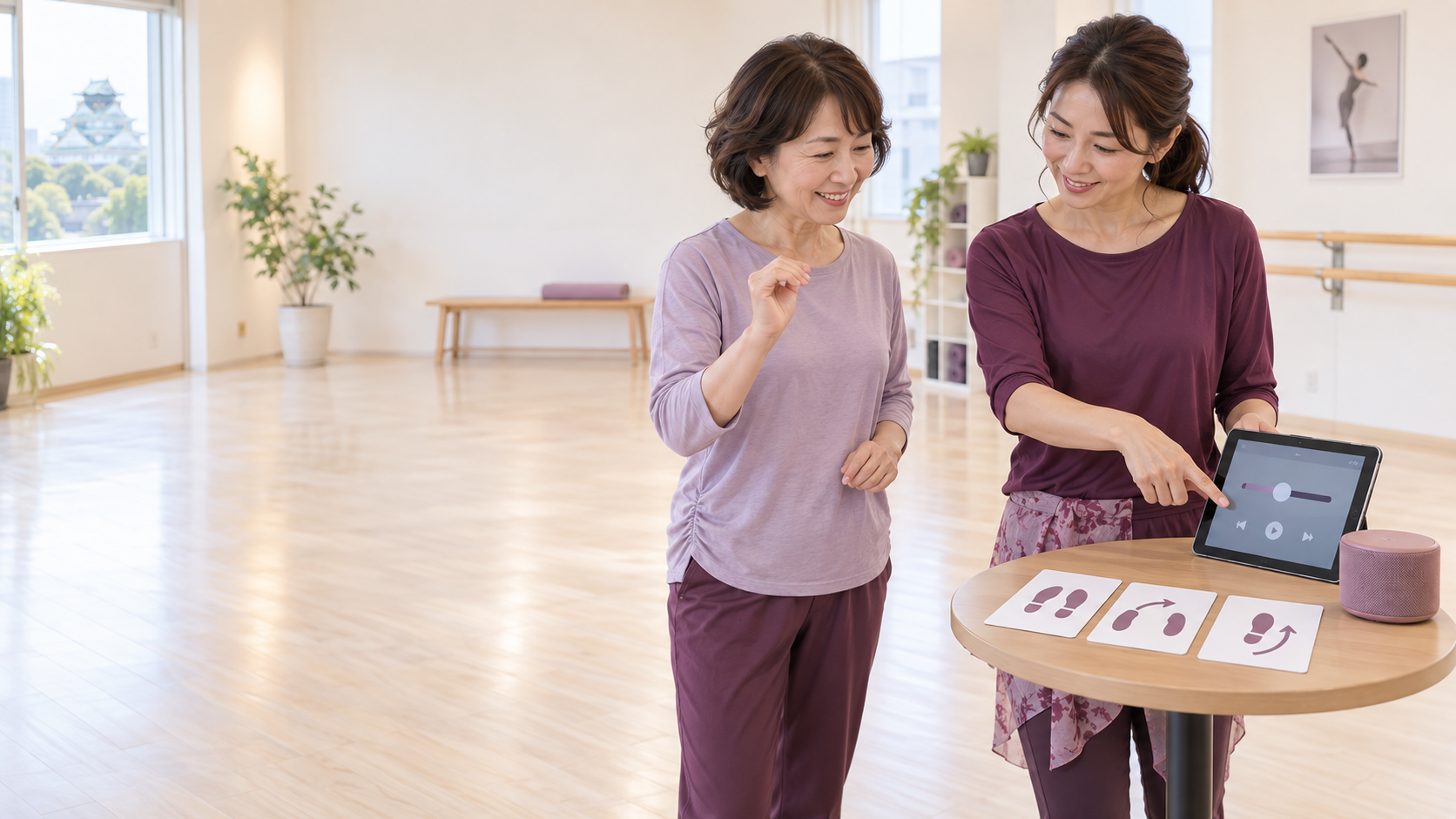 音楽の速度を調整し、ステップカードを見ながら振付を確認する50代のダンス初心者。レッスンスピードに不安がある方も、基本からゆっくり学べる様子を表しています。