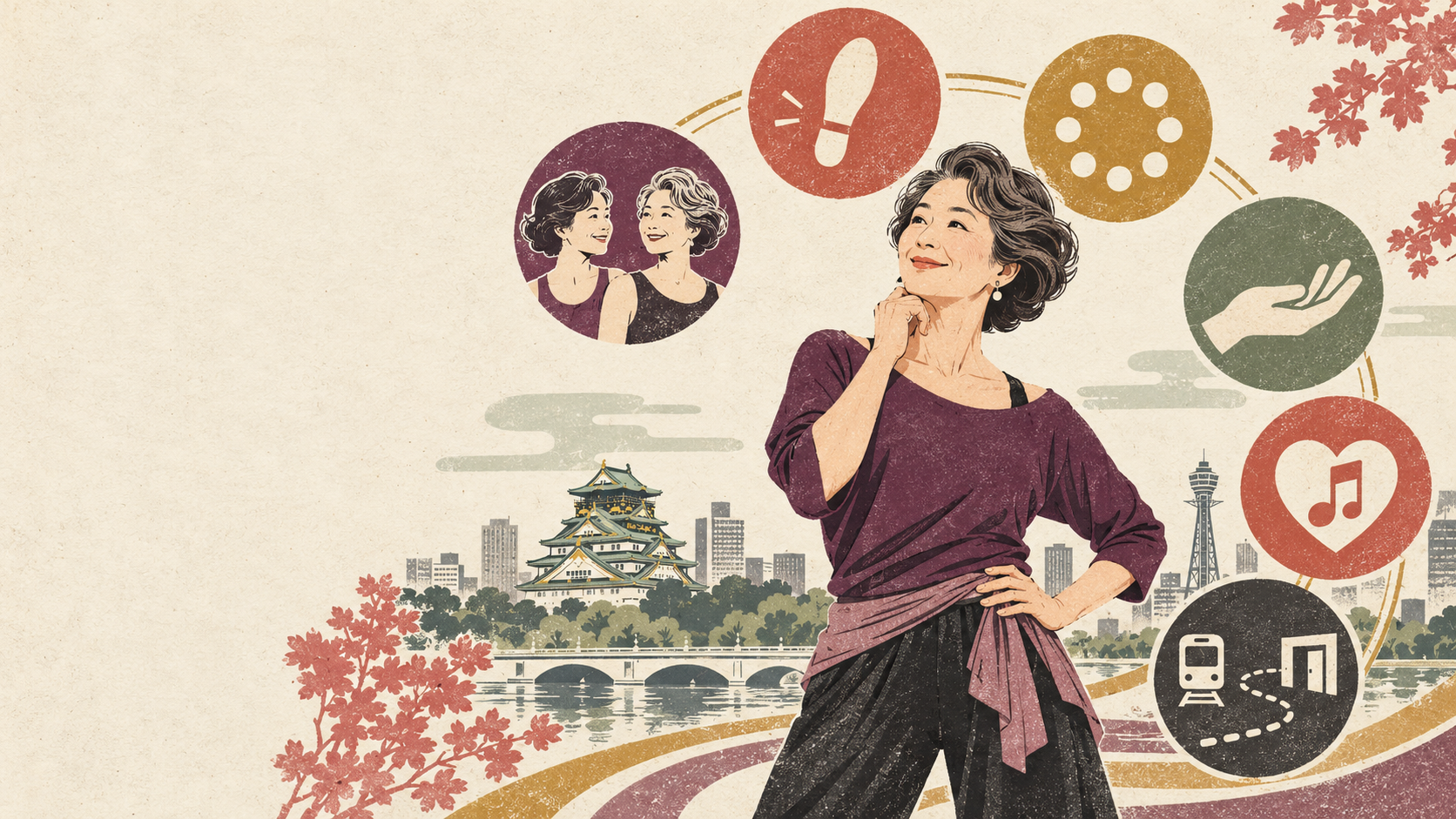 年代、初心者対応、少人数制、講師のサポート、推し曲、通いやすさを比較する50代女性を描いた、大阪のダンススクール選びのイメージです。